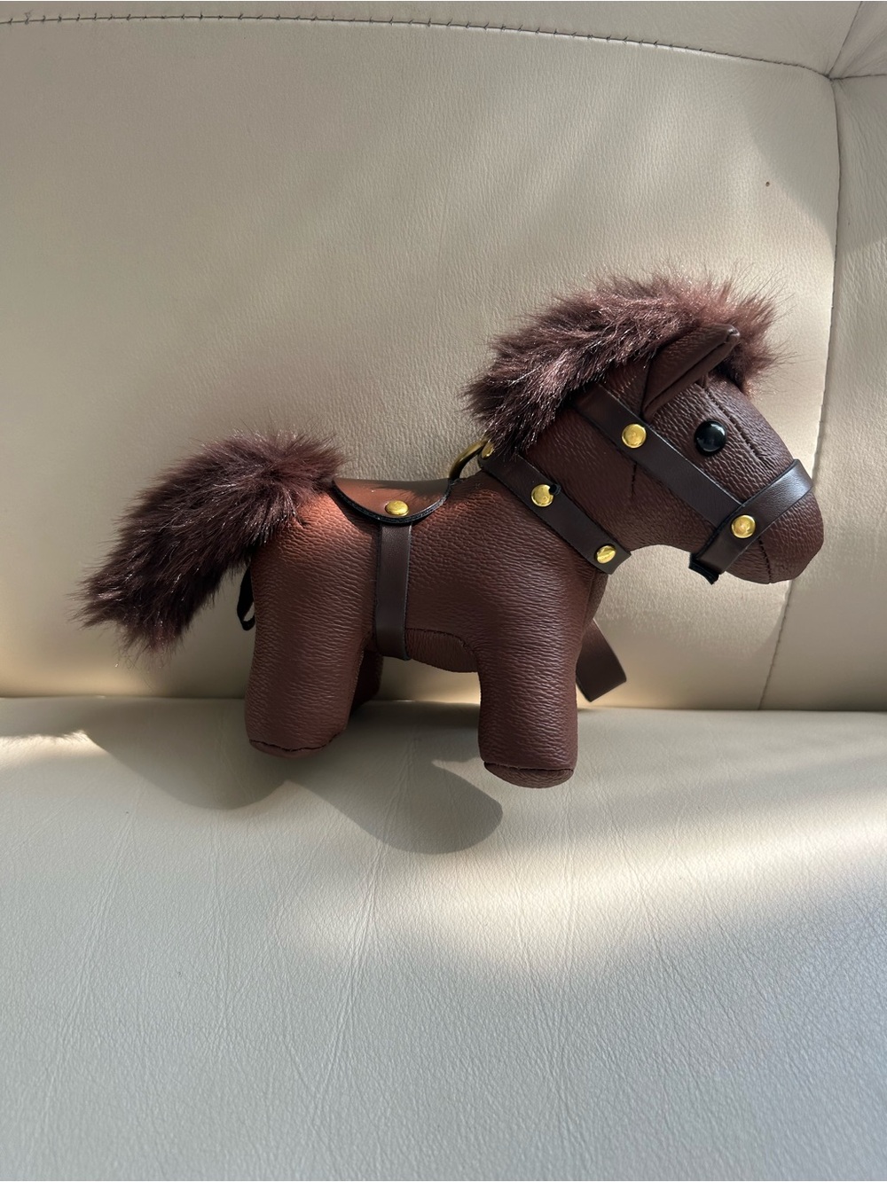 Brown Faux Leather Horse Bag Charm with Fur Mane
